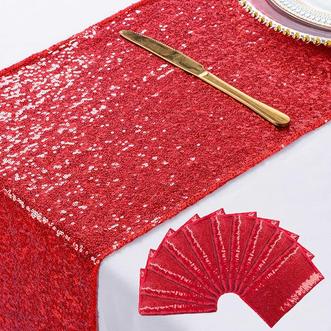 ShinyBeauty 10 Pieces-12 x108 Red-Sequin Table Runner Wedding Party Catering Event Table Runners Glitter Table Runner for Birthday Party