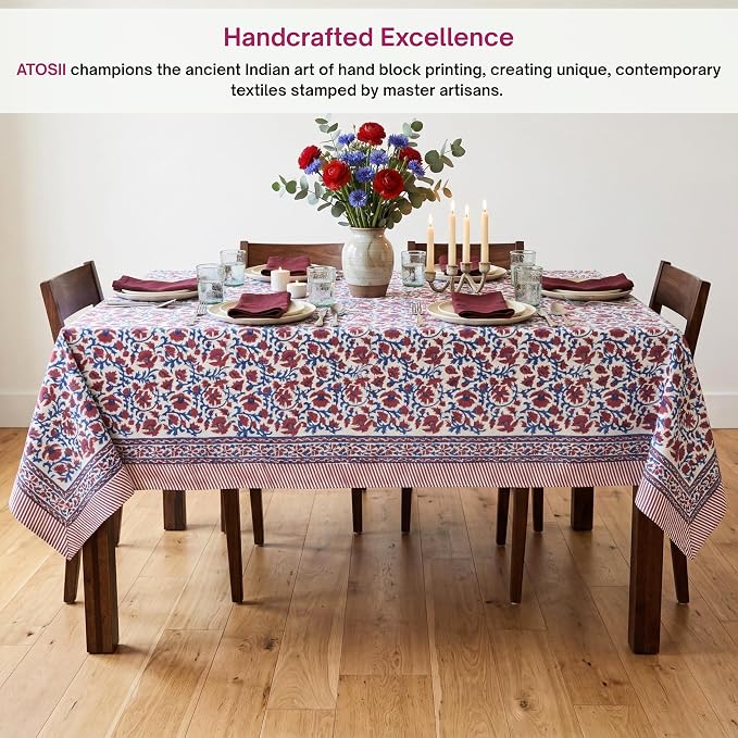 ATOSII Nora 100% Cotton Rectangle Spring Summer Tablecloth, Handblock Floral Print Linen Table Cloth for Kitchen Dining I Parties, Weddings, Outdoors, Easter Decor 60 X 108 Inches, 8 Seater