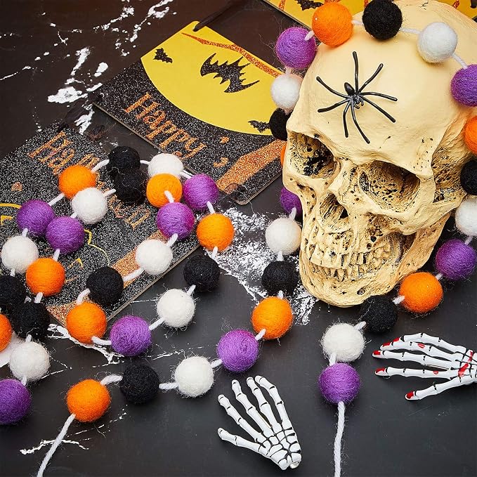 WILLBOND 2 Pieces Wool Felt Rainbow Ball Garland Colorful Pom Pom 6.5 ft Long 24 Ball Garland for Easter Mardi Gras Classroom Halloween Thanksgiving Xmas (Orange,White,Black,Purple)