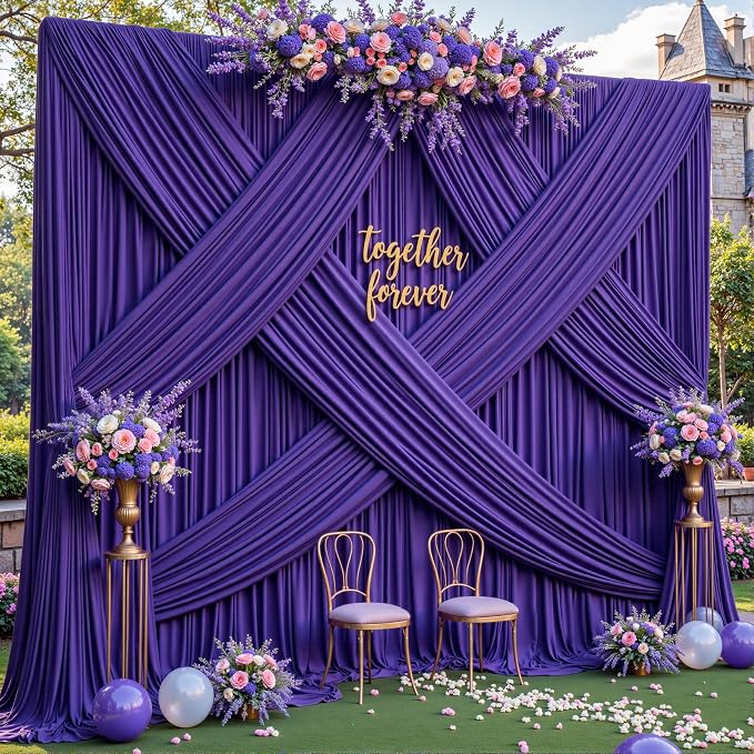 4 Panles Purple Backdrop Curtains - Wrinkle Free Fabric Backdrop Curtain for Photoshoot, 10FT Wedding Party Photo Backdrop Drapes for Birthday Baby Shower Photography Stage Background Decorations
