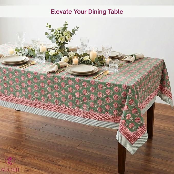 ATOSII Roma Green 100% Cotton Spring Summer Tablecloth, Handblock Print Rectangle Table Cover for Kitchen Dining Linen I Parties, Outdoors, Wedding, Easter Table Cloth I 72 X 108 Inches I 8 Seater