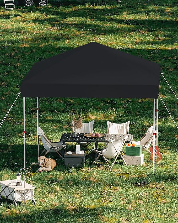 GarveeLife 10x10 Pop Up Canopy with One Button Push Setup - Heavy Duty Outdoor Canopy Tent with Portable Roller Bag - 3 Adjustable Height, 4 Weight Bags, 8 Stakes & 4 Guy Ropes Included, Black
