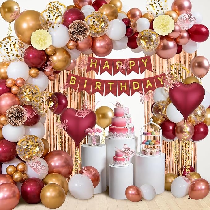 Burgundy Balloons Birthday Decorations, Happy Birthday Banner, Tassel, Heart Foil Balloons, Butterfly, Paper Flower and Fringe Curtains for Happy Birthday Decorations for Women Adults