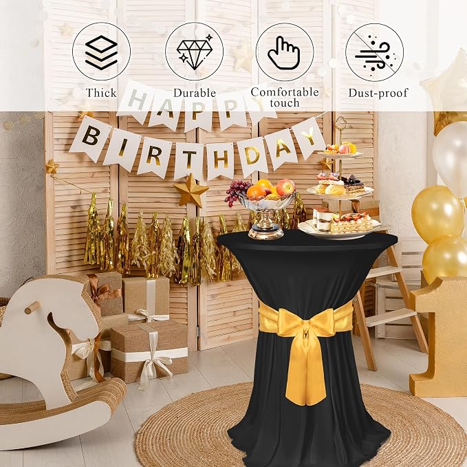 Kochorie 4 Set Cocktail Table Covers with Satin Sash, 32 x 43 Inch Round Cocktail Table Skirt, Spandex Stretch High Top Tablecloth for Wedding Banquet Birthday Party Decorations, (Black, Gold)