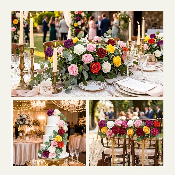 Auihiay 60PCS Artificial Roses, Mix Color Tinted Roses, Velvet Silk Roses, Realistic Artificial Flowers for Valentine's Day Gift, Wedding Ceremony Decor, Baby Shower Flower Decorations