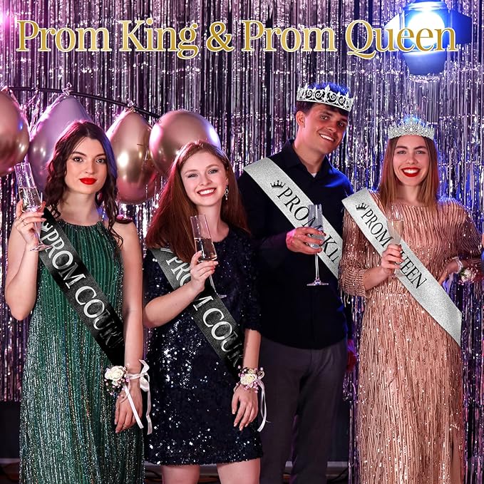 Saintrygo 12 Pcs Prom Crown and Sash Set, Prom King and Queen Tiara Rhinestone Crown Glitter Court Royal Satin Sash for 2026 Graduation Ball Dance Night Party Birthday Accessory(Silver,Classic)