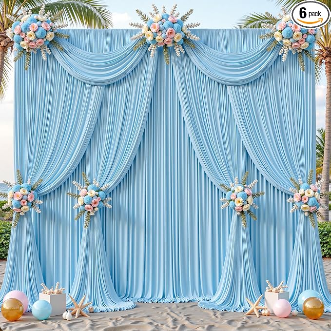 6 Panels Baby Blue Backdrop Curtains - Wrinkle Free Fabric Backdrop Curtain for Photoshoot,10FT Wedding Party Photo Backdrop Drapes for Birthday Baby Shower Photography Stage Background Decorations