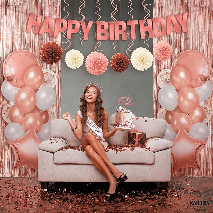 KatchOn, Rose Gold Birthday Decorations Set - Pack of 47 | Banner, Balloons, Pompoms, Headband, Sash & Fringe Curtains | Birthday Decorations for Women Girls | Girls Birthday Party Decorations