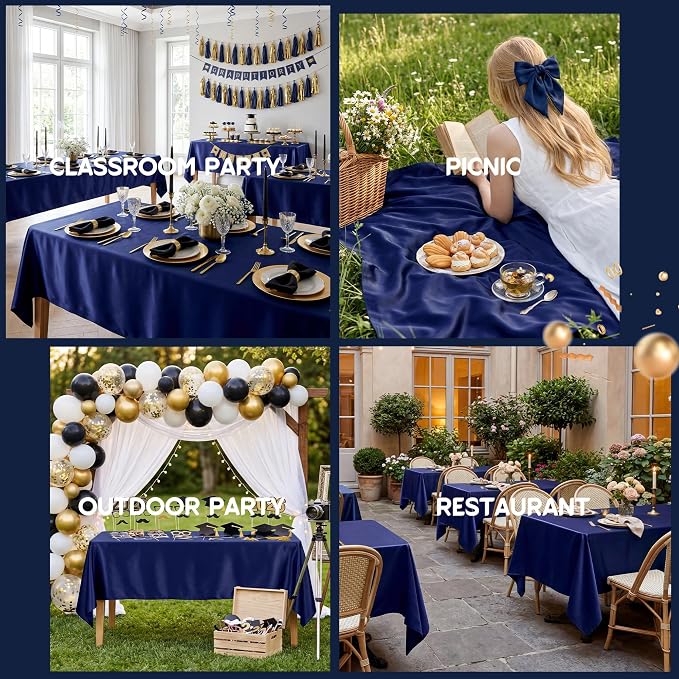 4 Pack Navy Blue Satin Tablecloth 58 x 102 Inches, Rectangular Satin Table Cloths for Wedding Reception, Birthday Party, Graduation & Holiday Banquet Tables