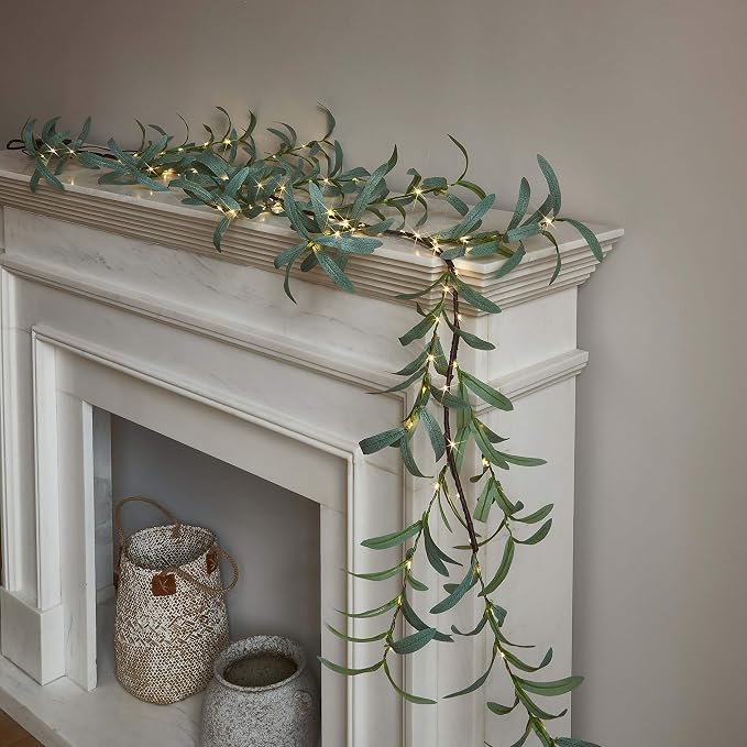 LITBLOOM Lighted Olive Garland Battery Operated with Timer 96 Fairy Lights 6FT, Artificial Greenery Twig Vine Lights for Christmas Spring Fireplace Mantle Decoration Indoor Outdoor