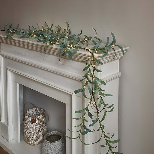 LITBLOOM Lighted Olive Garland Battery Operated with Timer 96 Fairy Lights 6FT, Artificial Greenery Twig Vine Lights for Christmas Spring Fireplace Mantle Decoration Indoor Outdoor