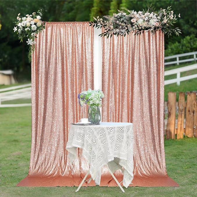 PartyDelight Rose Gold Sequin Backdrop Curtains 5x10ft 2 Panels | 3mm stitched sequin curtain with 4 inch rod pocket for 5x10ft wide reception wall head table stage backdrop and event display