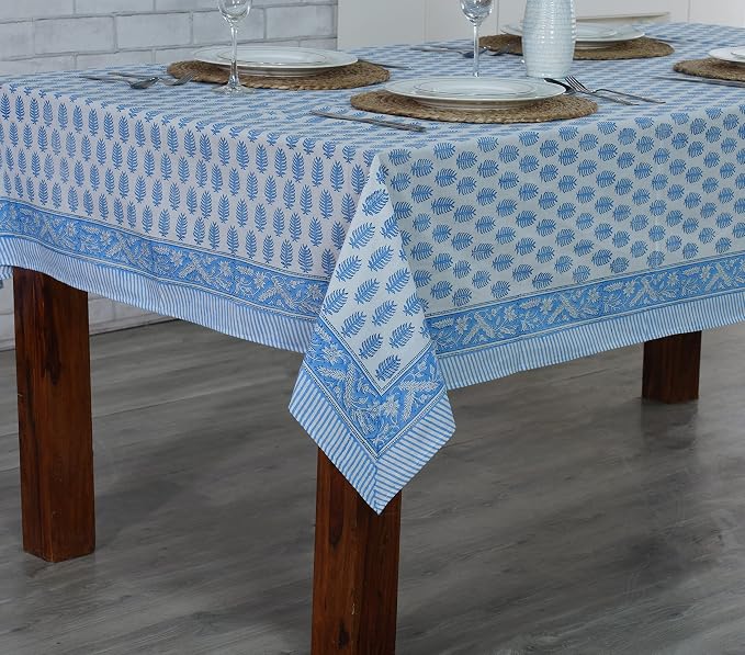 Ridhi Cerulean Blue Hand Block Print Cotton Rectangle Tablecloth 190" x 72" inches Reusable Table Cover Decorative Everyday Use for Dining Room, Farmhouse, Home Gift for Spring, Mother's Day