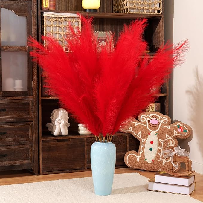 Premium Faux Red Pampas Grass – 43.3" Tall Fluffy Vibrant Decor, 8pcs 18-Branch One-Piece Stems No Assembly, Luxury Silk-Feel Feather Flowers for Valentine's Day Christmas Wedding Home Decor