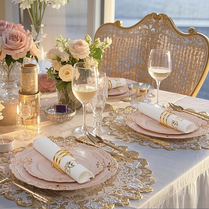 Ciaell 175 PCS Pink and Gold Plastic Plates - Fancy Gold Disposable Dinnerware Set with of 50 Plates, 25 Knives, 25 Forks, 25 Spoons, 25 Cups, 25 Napkins for Party & Weddings & Mother's Day