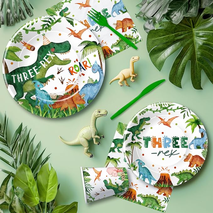 Srua Don Dinosaur 3rd Birthday Party Supplies Decorations, Dino Theme Three Rex Birthday Decorations, Paper Plates, Cups, Napkins, Tablecloth, Disposable Cutlery, Swirls, Banner, Serves 24