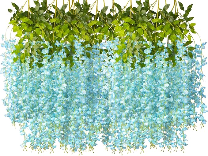 AITISOR 24 Pack Artificial Fake Wisteria Vine Ratta (3.75 Feet) Hanging Garland Silk Flowers String Home Party Wedding Decor (Sky Blue)