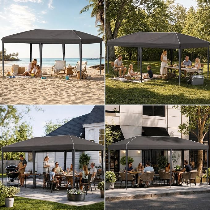 Anunweldo 10x20 Pop Up Canopy Without Sidewalls, Instant Tent with Carry Bag, Sandbags, Height Adjustable Waterproof Outdoor Canopy, Outdoor Canopy for Events, Camping, Parties (Reflective Strips)