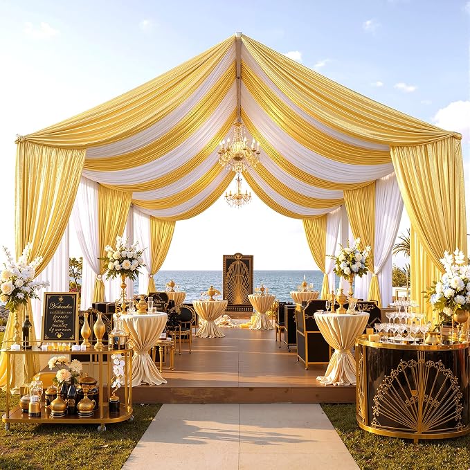 4 Panels 5x20ft Gold Ceiling Drapes for Wedding Parties, Wrinkle Free Thick Polyester 20ft Extra Long Wedding Draping Arch Drapery for Birthday Party Canopy Tent Decor