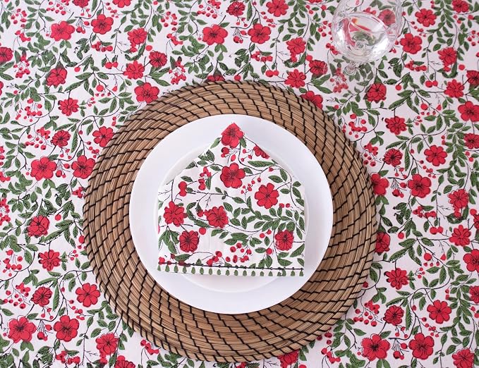 Block Print Table Cloth- 60x120 Inch Rectangle 100% Cotton Handmade Pre-Shrink, Washable for Spring, Kitchen & Dining Perfect for Patio, Indoor & Outdoor, Farmhouse