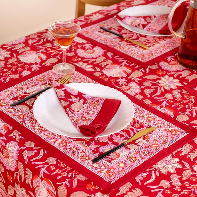 Hand Block Printed Tablecloth – Colorful Floral Print | 100% Cotton | Indian Artisan Handmade Art | Dining Room, Kitchen, Outdoor Décor, (Cherry Red, 4 Seater 60 Inches Round)