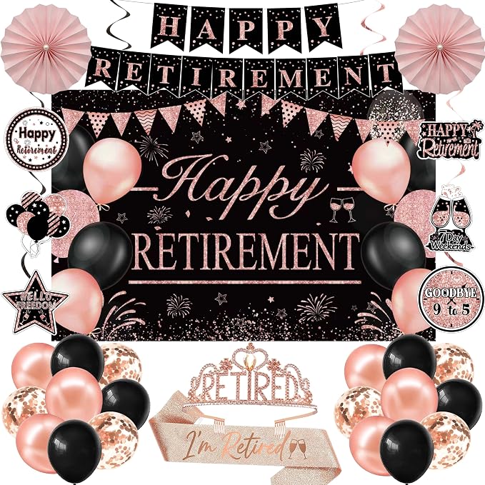 Retirement Party Decorations for Women Rose Gold Retirement Crown and Sash Happy Retirement Banner Backdrop Balloons Paper Fans Hanging Swirl Set