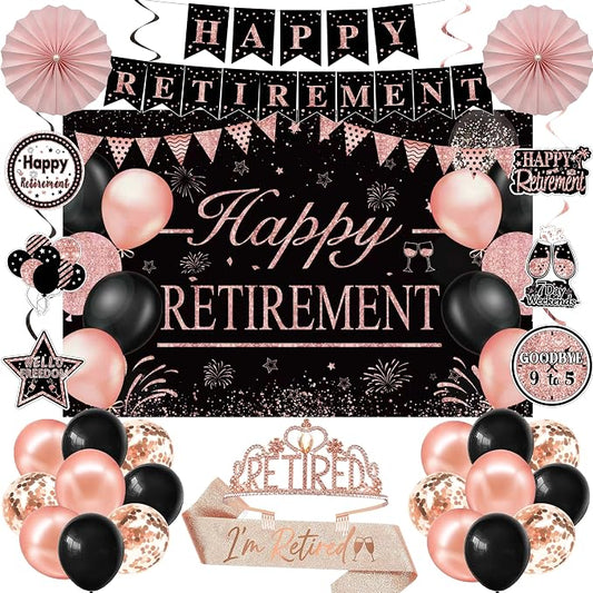 Retirement Party Decorations for Women Rose Gold Retirement Crown and Sash Happy Retirement Banner Backdrop Balloons Paper Fans Hanging Swirl Set