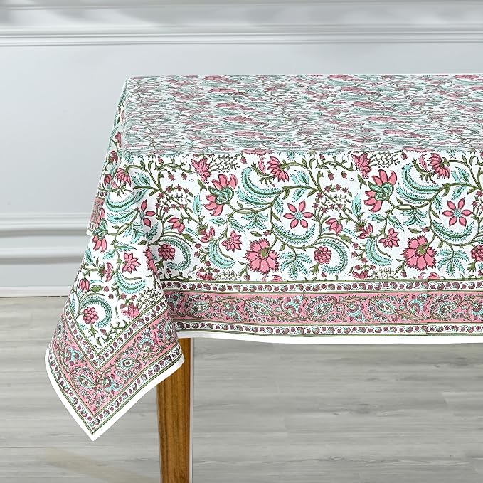 Ridhi Tulip Pink Hand Block Print Cotton Rectangle Tablecloth 190" x 72" inches Reusable Table Cover Decorative Everyday Use for Dining Room, Farmhouse, Home Gift for Spring, Mother's Day