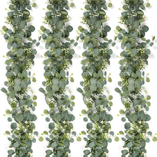 SOMYTING Artificial Eucalyptus Garland 2 Packs 5.9Ft Silver Dollar Eucalyptus Leaves Fake Vine with White Baby Breath Faux Greenery Garland Spring Garland for Mantle Table Wedding Party Decor (4PCS)