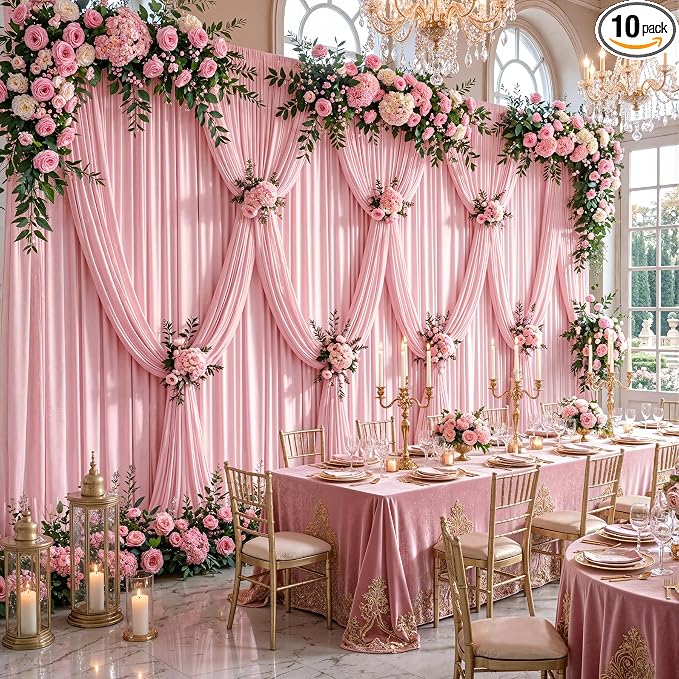 50ftx12ft Wrinkle Free Pink Backdrop Curtain, 10 Panels 12FT Long Wedding Photo Backdrop Drapes, Silky Polyester Back Drop Cloth for Birthday Photography Background Party Backdrop Draping