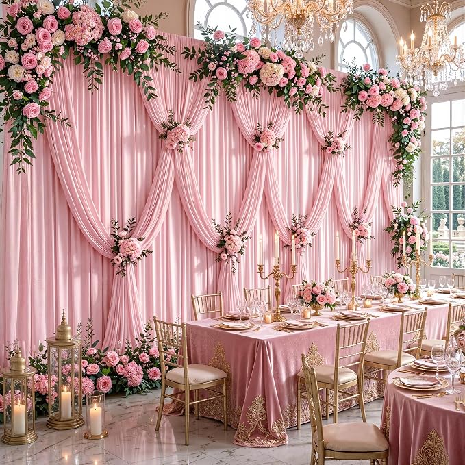 20ftx12ft Wrinkle Free Pink Backdrop Curtain, 4 Panels 12FT Long Wedding Photo Backdrop Drapes, Silky Polyester Back Drop Cloth for Birthday Photography Background Party Backdrop Draping