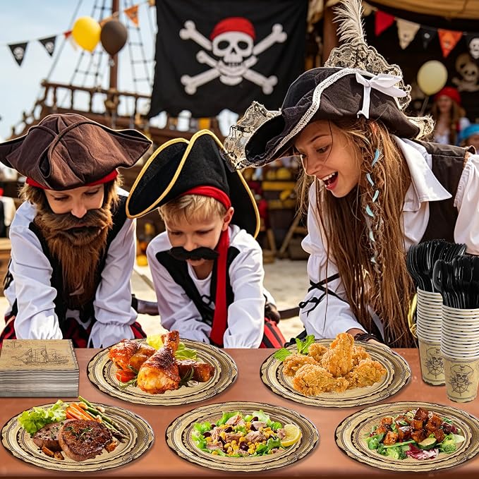 400 Pcs Disposable Pirate Tableware Set for 50 Guests | Heavy-Duty 7" & 9" Paper Plates, Cups, 13" Napkins & Plastic Cutlery for Tresure May Theme Party Supplies