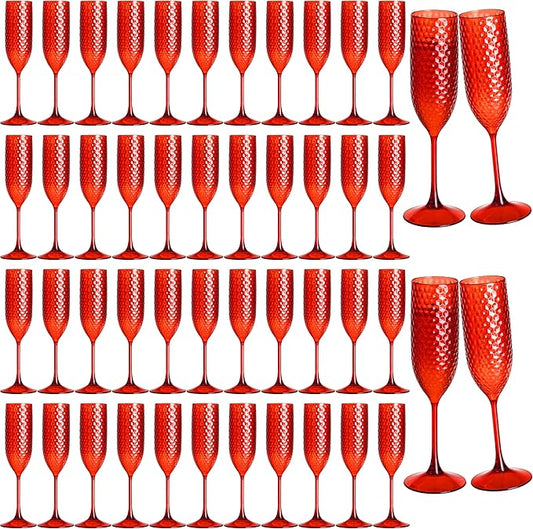 48 Pack Red Plastic Champagne Flutes Mimosa Unbreakable Champagne Glasses Wedding Toasting Glasses 5.5 OZ Reusable Diamond Glasses Wine Cups Vintage Drinking Glasses for Wedding,Christmas,Party