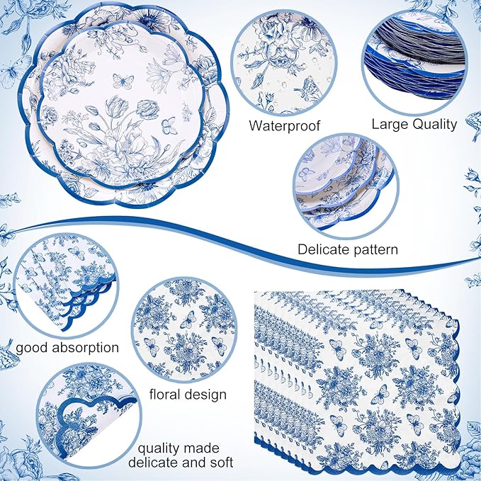 Funnymoom 452 Pcs Blue Floral Plates and Napkins Party Supplies, Scalloped Chinoiserie Blue White Flower Paper Plates Napkins Cups Tablecloth Cutlery Straw for Wedding Bridal Tea Party Decoration