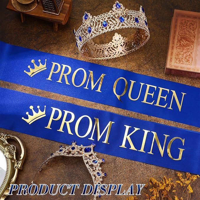Ferreve 4 Pcs Prom King and Queen Crowns and Sashes Set Graduation Prom King and Queen Tiara Sash for 80's Prom Party Favors(Blue)