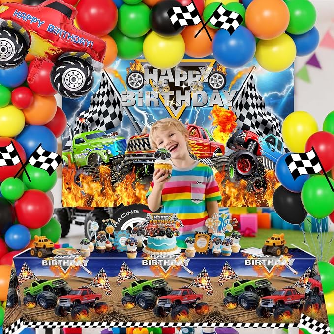 Monster Truck Birthday Decorations for Boys, Extreme Off-Road Racing Party Supplies Include "Happy Birthday" Backdrop, Balloon Arch Garland, Tablecloth, Cake Toppers, Truck and Tire Foil Balloons