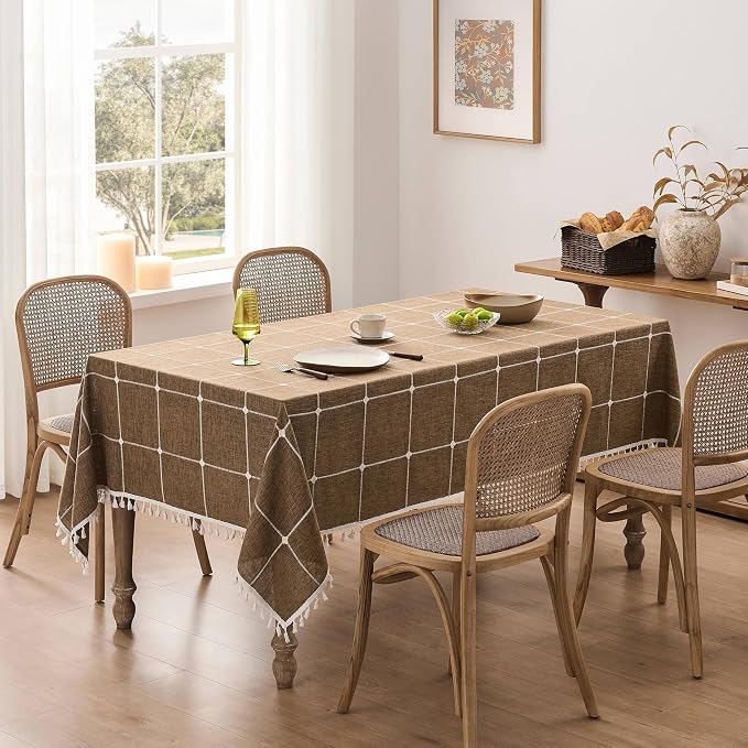 ZeeMart Boho Grid Table Cloth with Tassels (Caramel, 60" x 120"), Heavy Weight Linen Checked Embroidered Farmhouse Tablecloth, Water Resistant Rectangle Brown Tablecloths