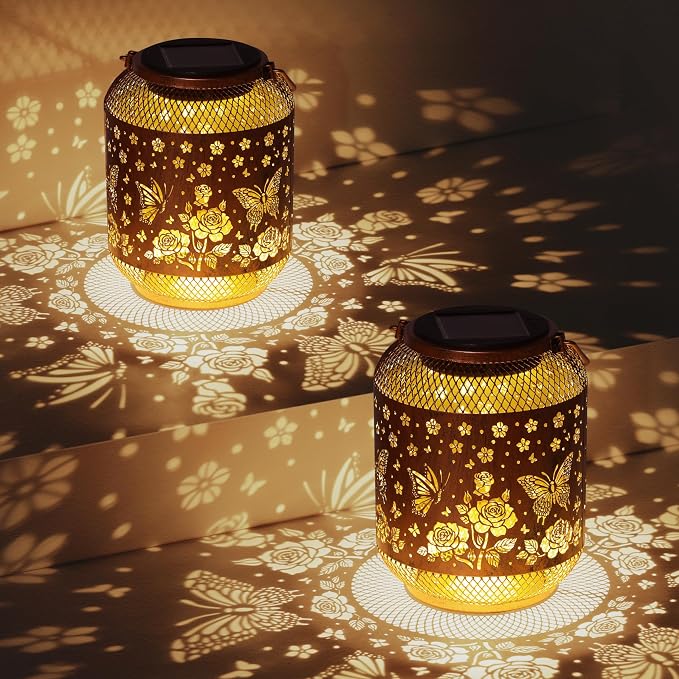 Butterfly Solar Lanterns Outdoor Waterproof Rose Garden Decor Gifts for Mom Women Grandma Metal Hanging Solar Lights Outdoor Decoration for Patio,Yard,Porch,Backyard