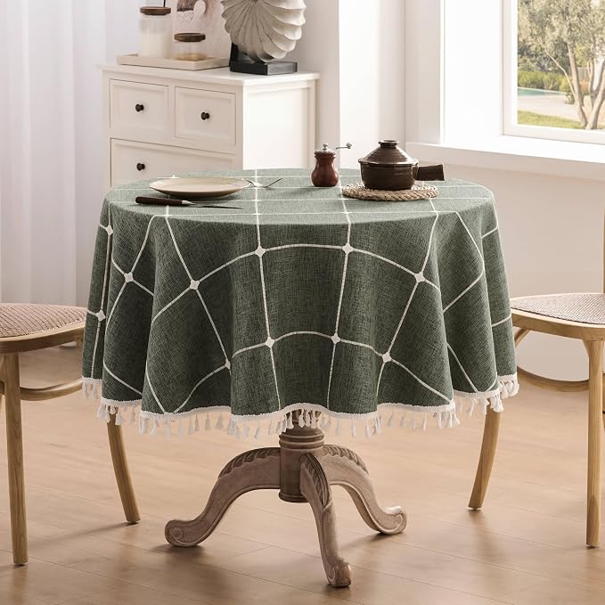 ZeeMart Boho Grid Table Cloth with Tassels (Olive, 60" Round), Heavy Weight Linen Checked Embroidered Farmhouse Tablecloth, Water Resistant Round Olive Green Tablecloths