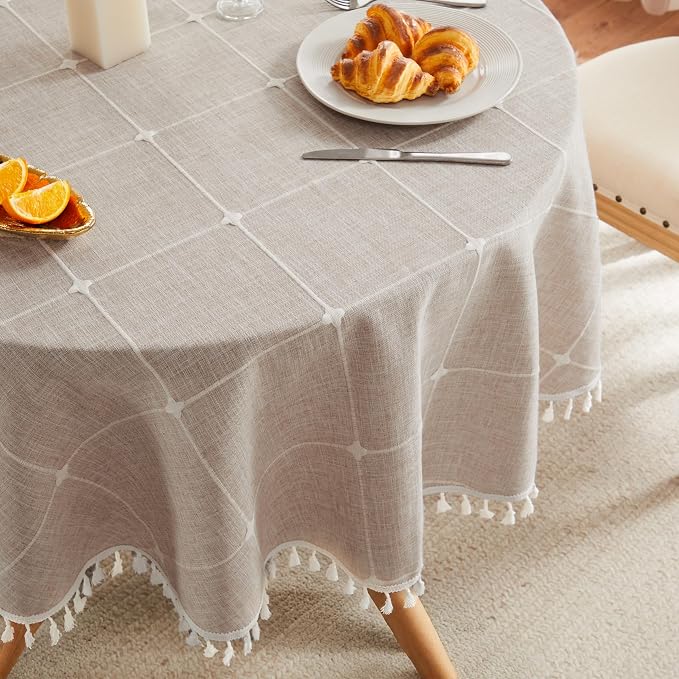 ZeeMart Boho Grid Table Cloth with Tassels (Taupe, 52" Round), Heavy Weight Linen Checked Embroidered Farmhouse Tablecloth, Water Resistant Round Beige Tablecloths