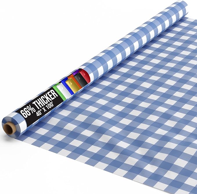Party Solids 66% Thicker Premium Blue Gingham Plastic Table Cover Roll 40" X 100' Table Cloth Plastic Cover Roll Quality Thick Banquet Rolls Disposable Tablecloth Rolls Strong American Based Company