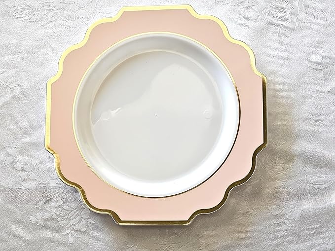 OCCASIONS Pink Plastic Plates - 50 Plates Pack (25 Guests) Heavyweight Disposable Dinner & Dessert Plate Set for Wedding, Party, Baby Shower (25x10.5" + 25x8") Imperial in Blush Pink & Gold