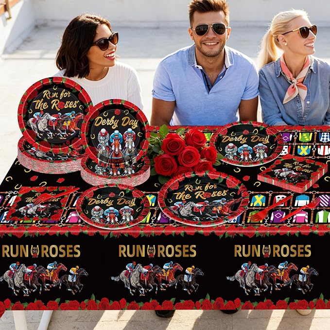 QZYL 122 PCS Derby Party Supplies, Disposable Derby Plates Tablecloths Forks Horse Napkins Set, Run for The Rose Kentucky Racing Horse Decorations for Party Tableware Supplies, Serves 30