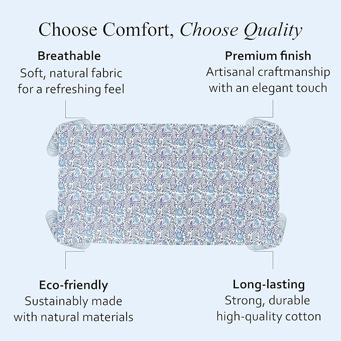 CPC Cotton Tablecloth 80x120 Inch Rectangle Indian Block Print Tablecloth- Blue Washable Wedding Table Cover for Thanksgiving/Christmas- Indigo Blue
