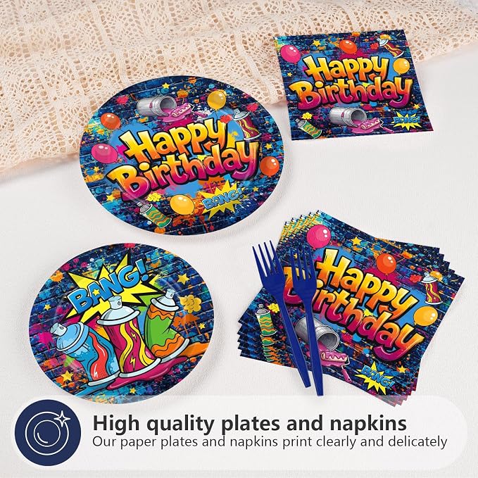 96 Pcs Graffiti Birthday Party Supplies Hip Hop Retro Graffiti Plates and Napkins Colorful Paint Splatter Tableware Set for Boys Girls Birthday Retro Paint Party Supplies, Serves 24