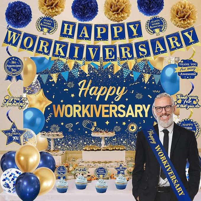 DARUNAXY Happy Workiversary Party Decorations for Men Women, Blue Gold Happy Work Anniversary Banner Cake Topper Hanging Swirl Confetti Balloons Decor Set for Employee Office Party Supplies(31PC)