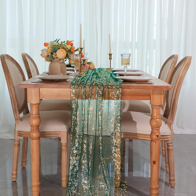 Snowkingdom Green Gold Gauze Table Runner 10FT 120 Inch Long, Glitter Sheer Sparkle Metallic Foil Dining Table Centerpieces Decoration for Birthday Party Wedding Shower Anniversary Graduation Holiday