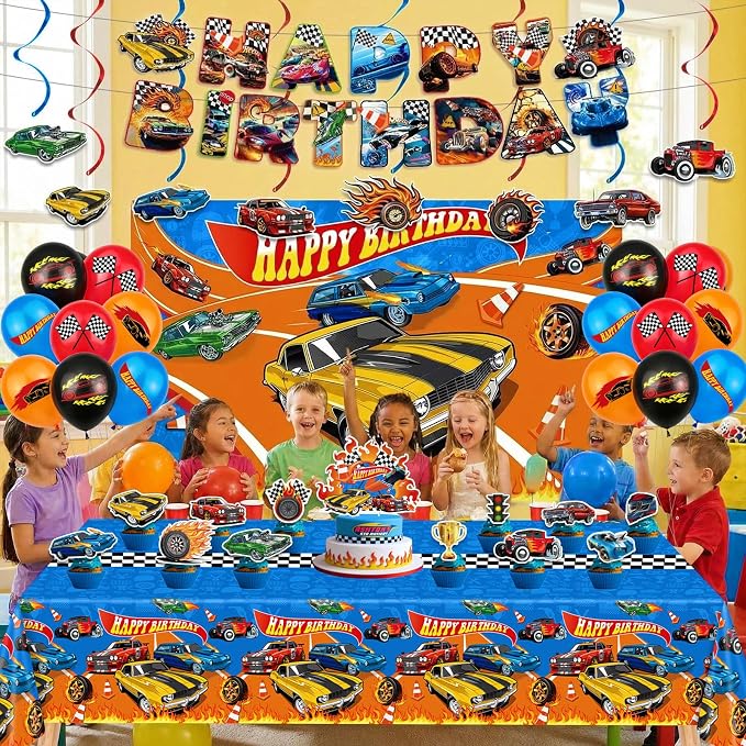 Race Car Birthday Decorations Party Decorations Set Include Race Car Balloons, Tablecloth, Backdrop, Cake Cupcake Toppers, Hanging Swirls, Banner Racing Car Party Supplies for Boys Birthday Decor