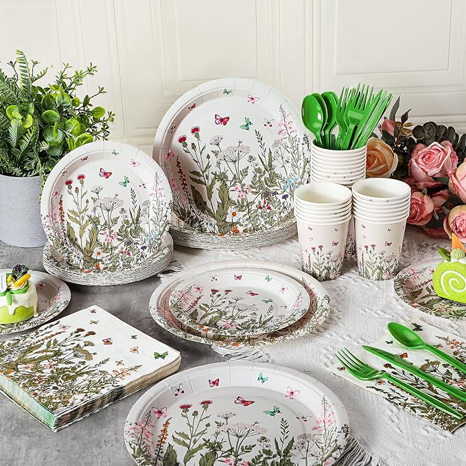Hushee 324 Wildflower Party Supplies Paper Plates and Napkins Disposable Spring Floral Baby Shower Birthday Tableware for Spring Summer Picnic Birthday Wedding Tea Party Serves 36