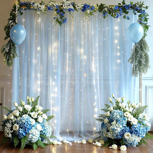 10x8ft Baby Blue Tulle Backdrop Curtain with Lights String for Parites, Sheer Photo Backdrop Curtains for Wedding Baby Shower Baby Boy Shower Birthday Party Photo Shoot Background Decorations